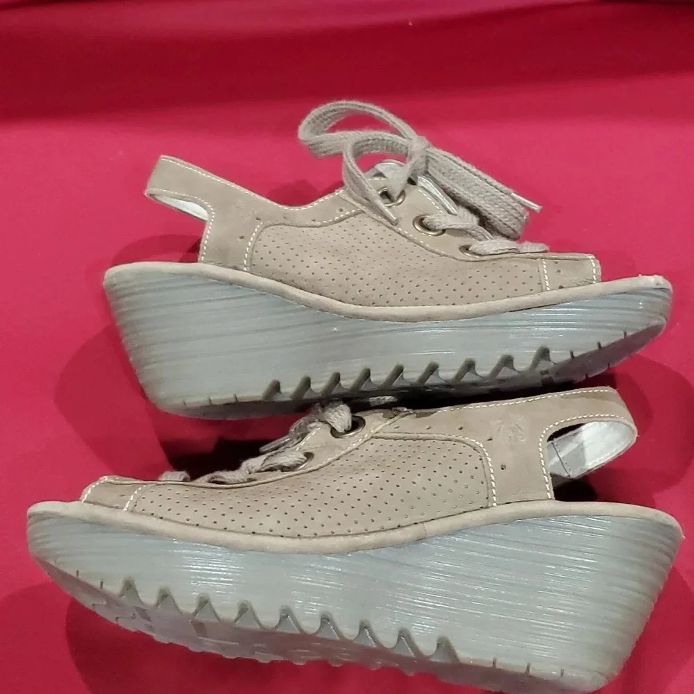 Fly London taupe leather lace up wedge peep toe shoes